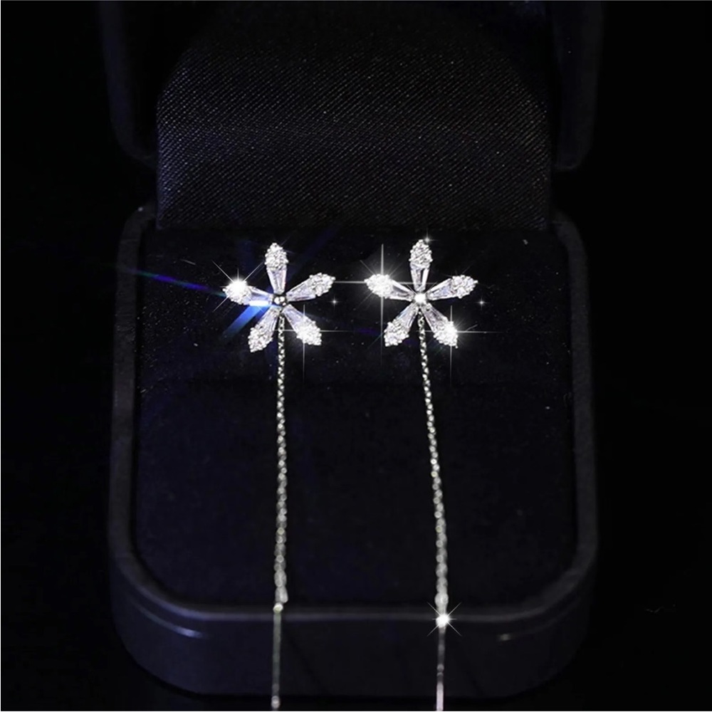 Silver Shiny Diamond Long Tassels Flower Earrings Rhinestone Ear Clip Earrings